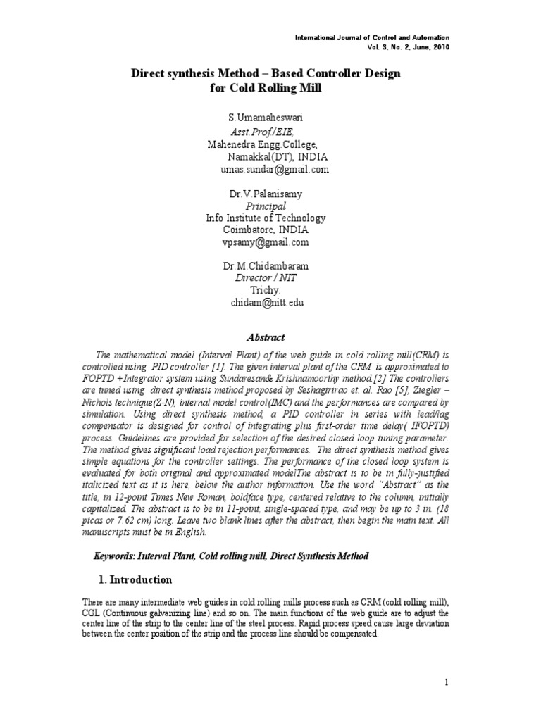 Direct Synthesis Method - Based Controller Design For Cold Rolling Mill ...