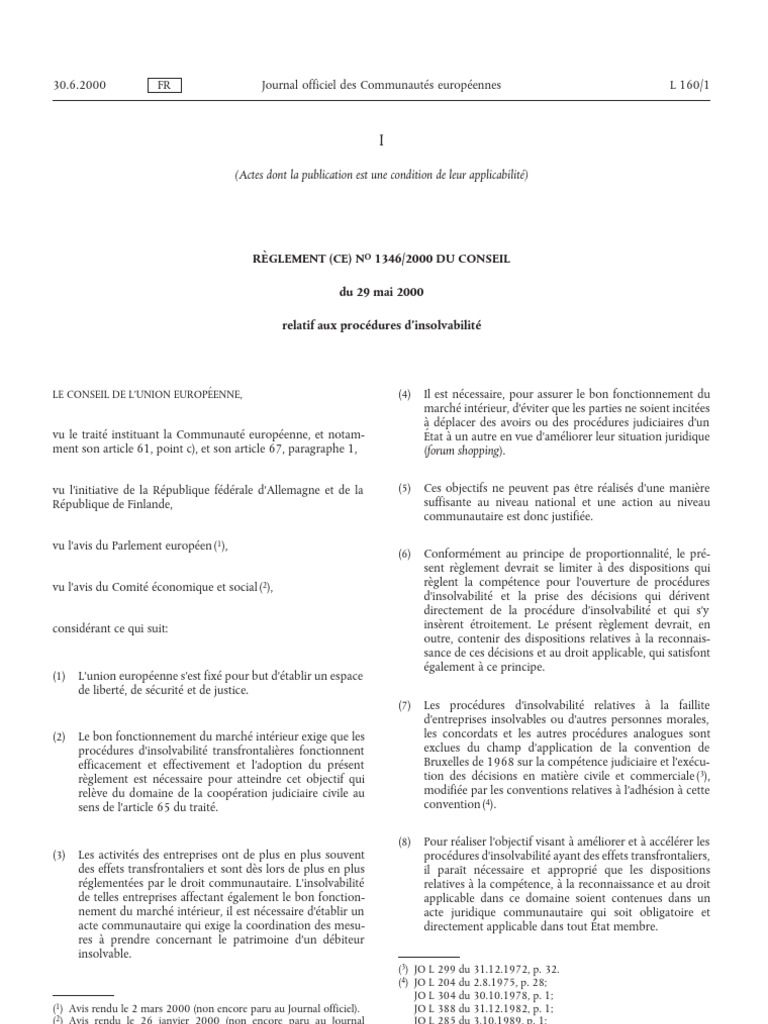 Règlement CE 1346/2000 - Procédures D'insolvabilité | PDF | Loi | Traité