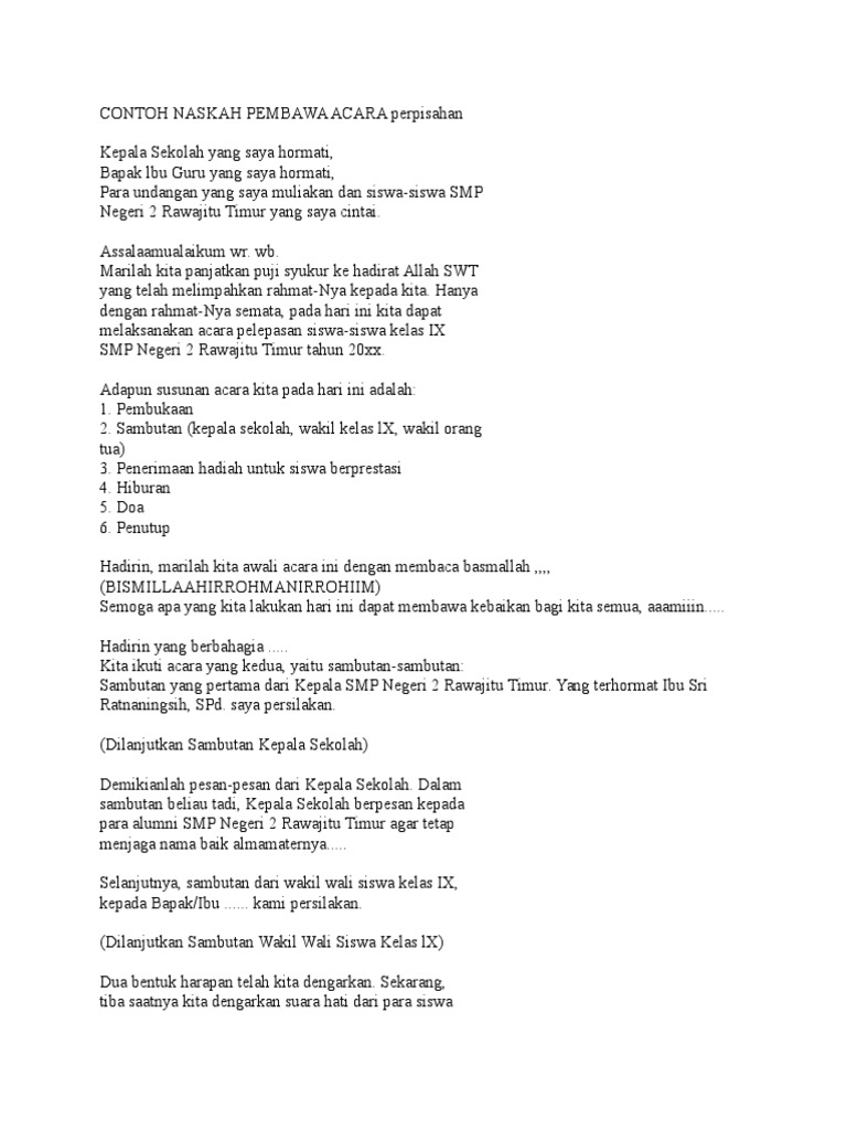 Contoh Naskah Pembawa Acara Perpisahan