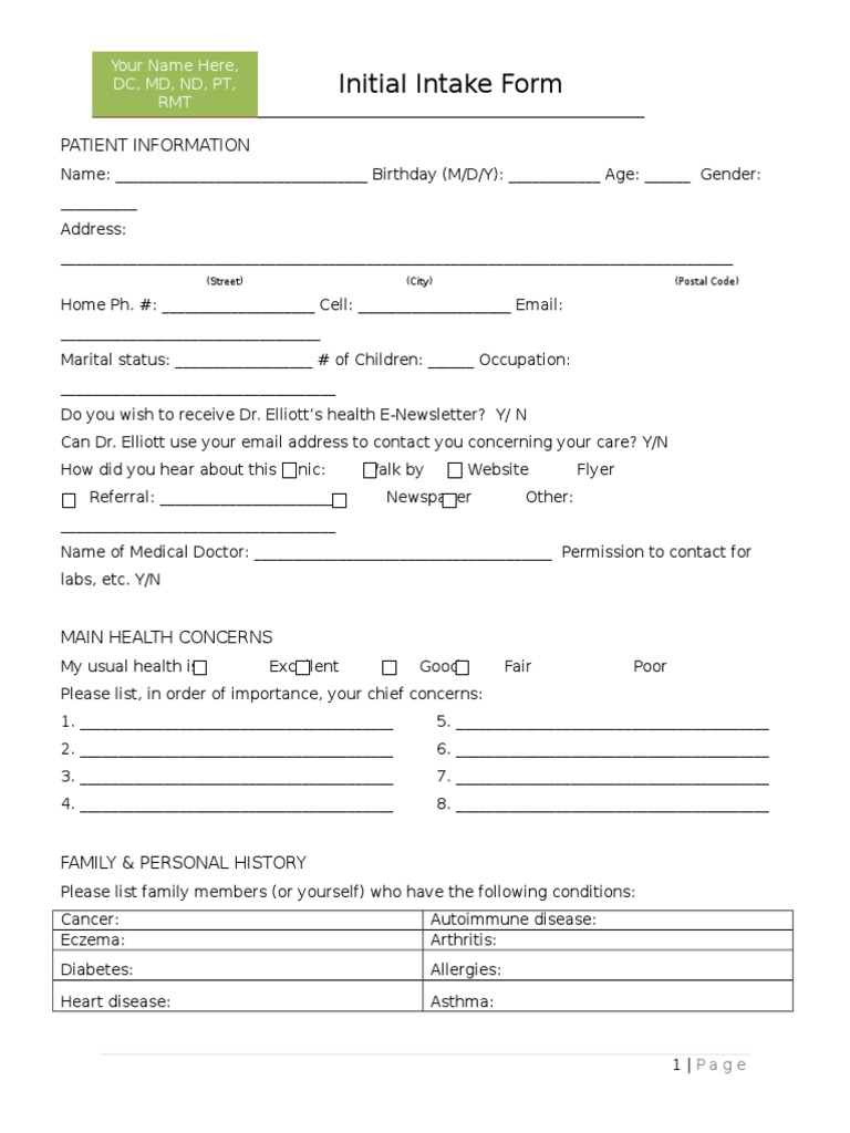 Initial Intake Form Patient Information PDF Bloating Menstrual Cycle