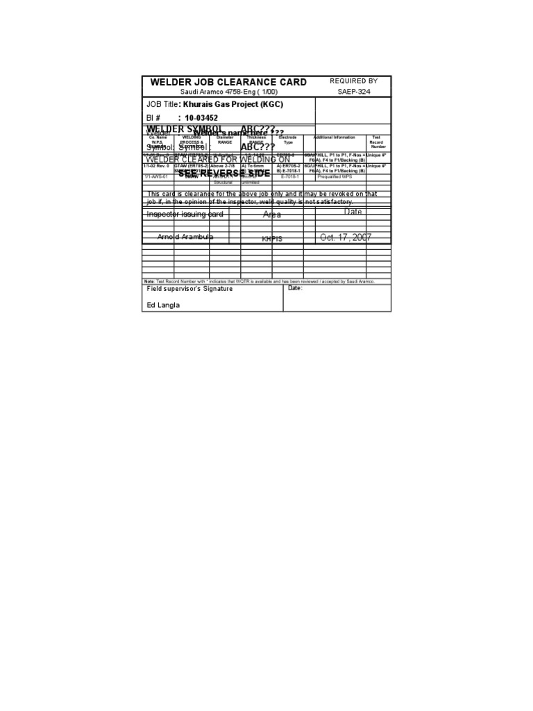 Welder Job Clearance Card::: ABC??? Welder Symbol ABC??? | PDF