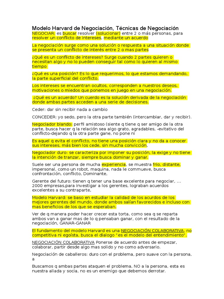 Modelo De Harvard De Negociacion Pdf Negociación Conflicto Proceso