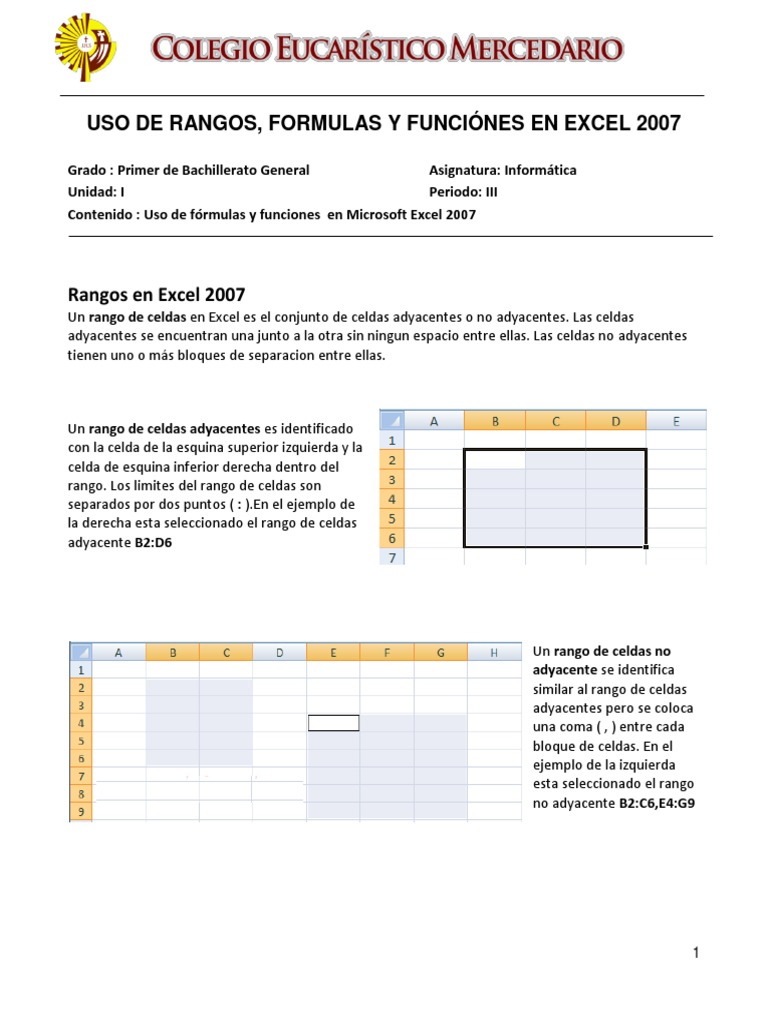 Uso de Rangos Formulas y Funciones Excel 2007 1GA PDF | PDF | Fórmula ...