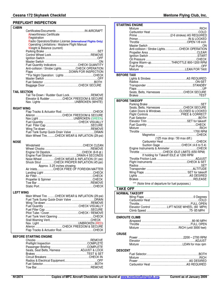 Cessna 172 Skyhawk Checklist Mentone Flying Club, Inc. Preflight ...