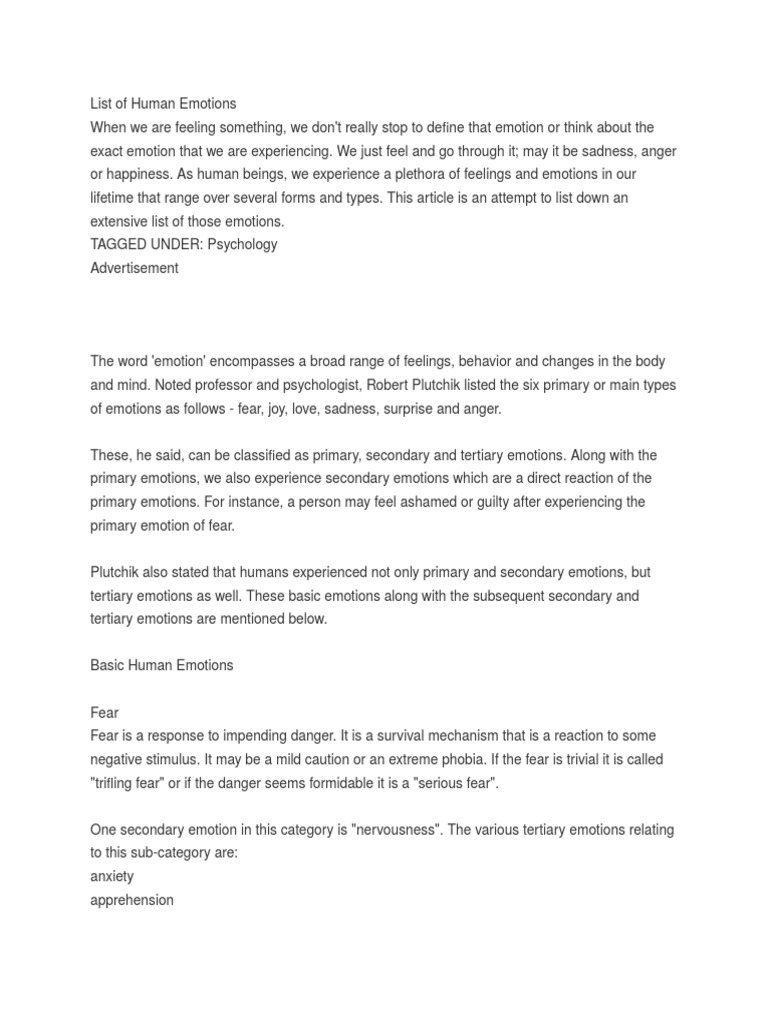 Extensive List of Human Emotions Explained | PDF | Fear | Emotions