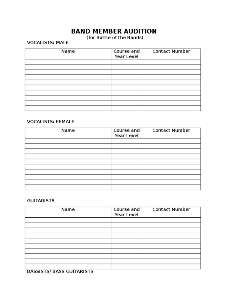 Band Member Audition Sign-Up Form | PDF
