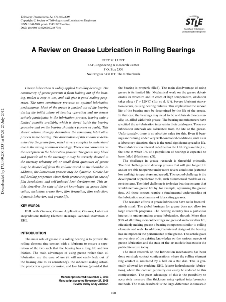 A Review On Grease Lubrication in Rolling Bearings PDF Bearing