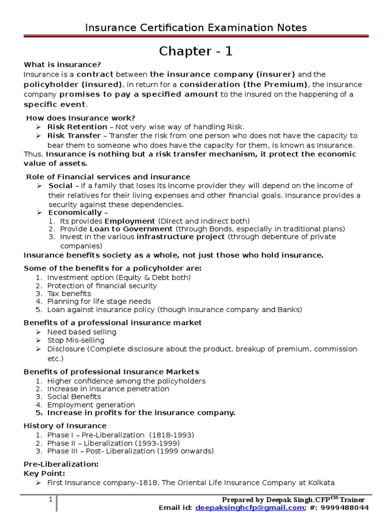Chapter - 1: Insurance Certification Examination Notes | PDF ...