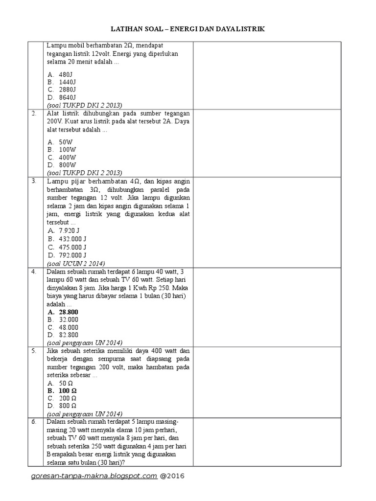 Soal Latihan Energi dan Daya Listrik | PDF