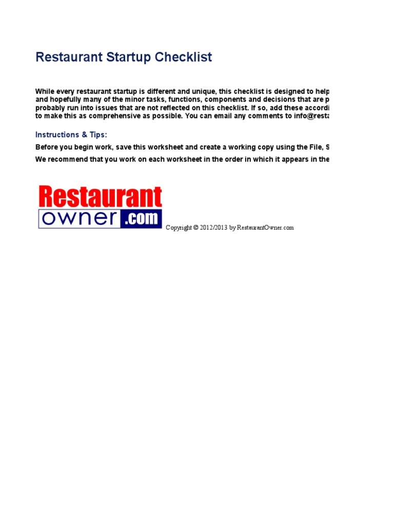 Restaurant Start Up Checklist 1 Pdf Menu Point Of Sale