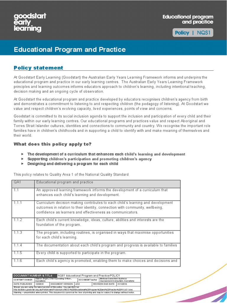 nqs1 Educational Program and Practice Policy | PDF | Curriculum | Policy