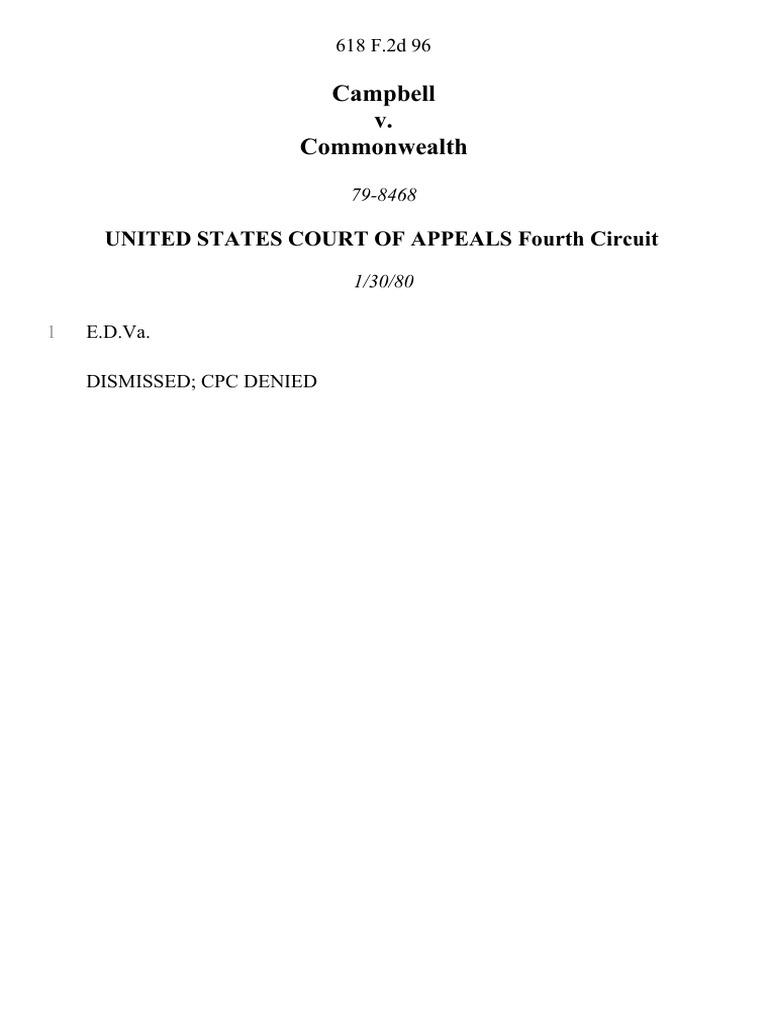 Campbell v. Commonwealth, 618 F.2d 96, 4th Cir. (1980) PDF