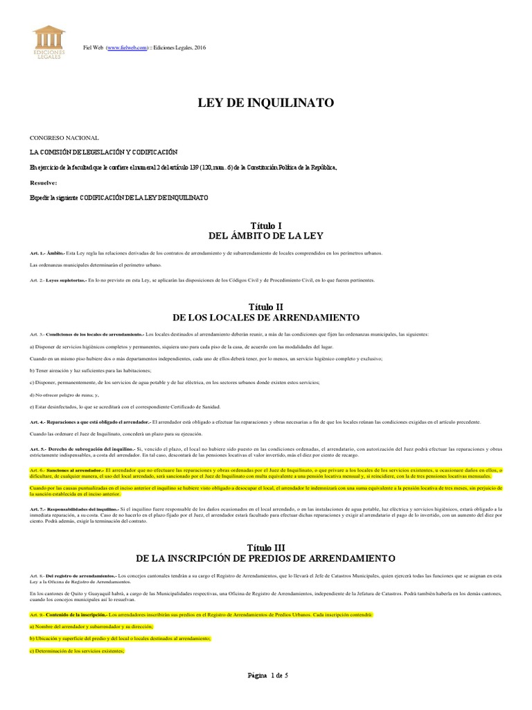 Ley de Inquilinato Ecuador 2016 Desalojo Alquiler