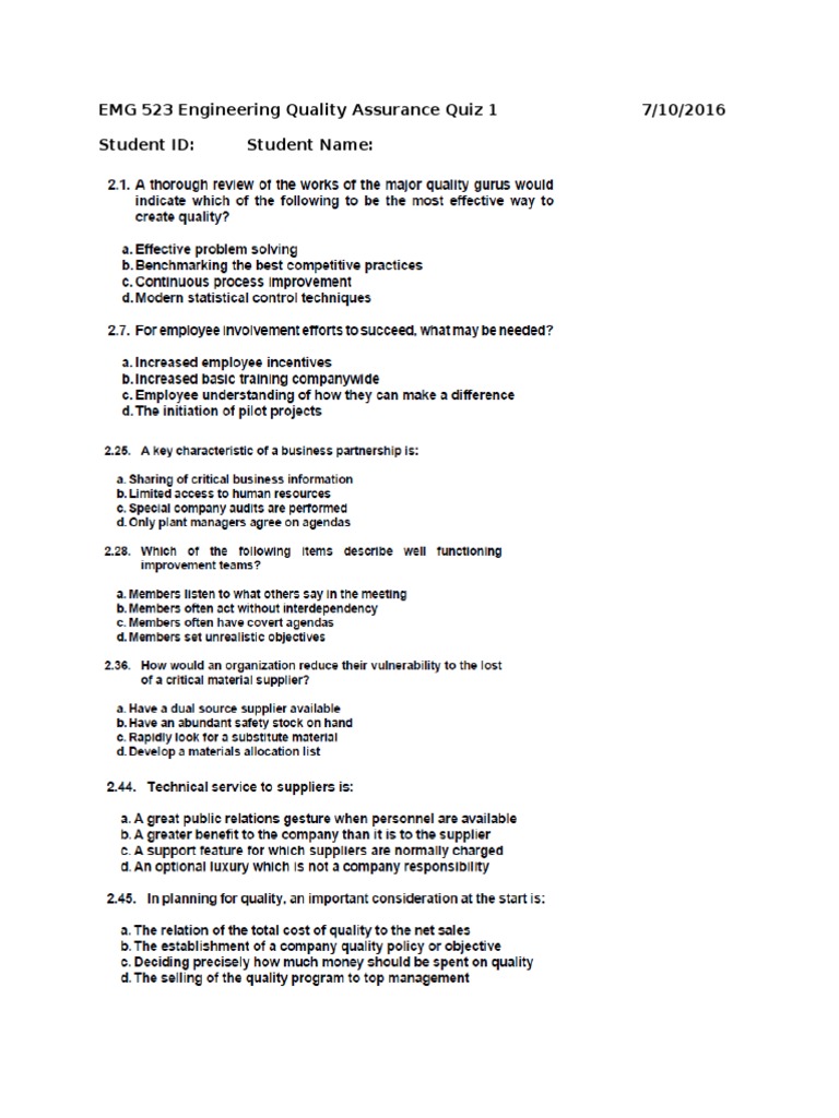 EMG 523 Engineering Quality Assurance Quiz 1 7 PDF