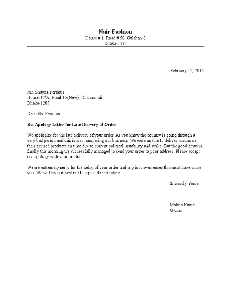 Apology for Late Order Delivery | PDF | Business