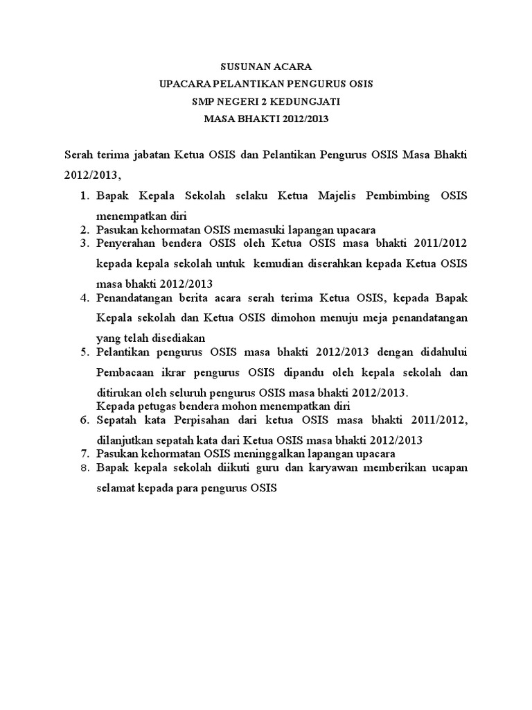 Susunan Acara Serah Terima Dan Pelantikan Osis