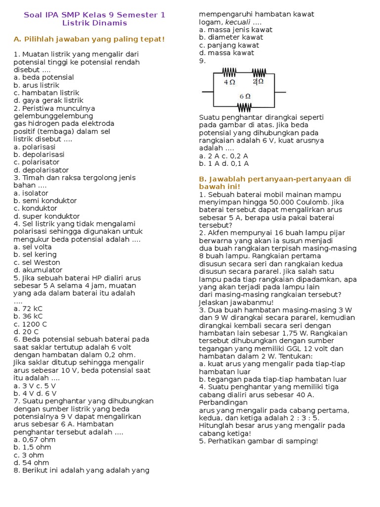 Soal Ipa Smp Kelas 9 Semester 1 Listrik Dinamis