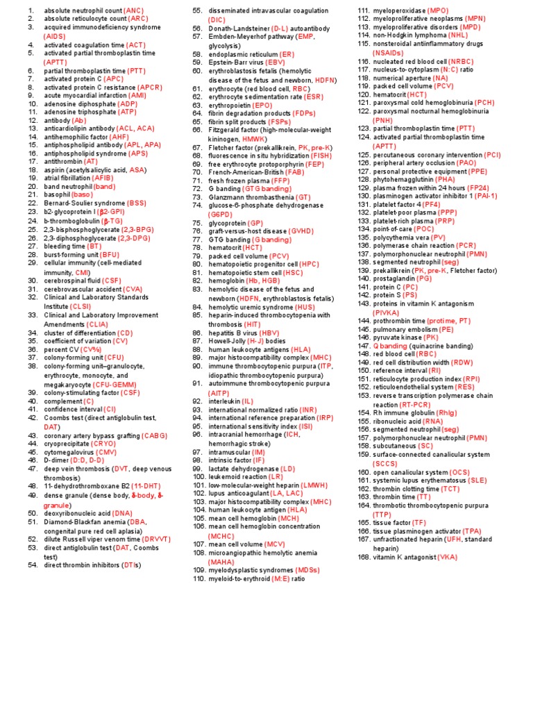 Hematology Acronyms Red Blood Cell Coagulation