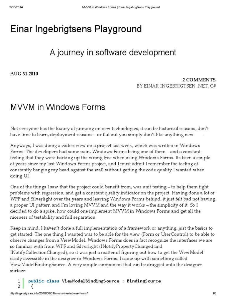 MVVM in Windows Forms Einar Ingebrigtsens Playground PDF Windows Presentation Foundation