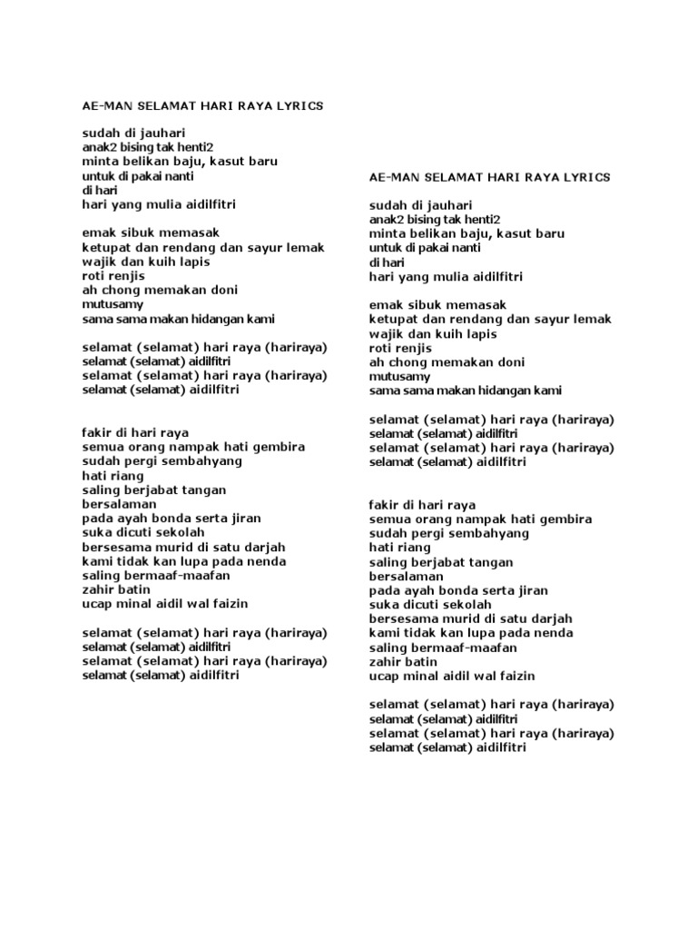 Lirik Lagu Selamat Hari Raya | PDF | Memasak, Makanan, & Anggur ...