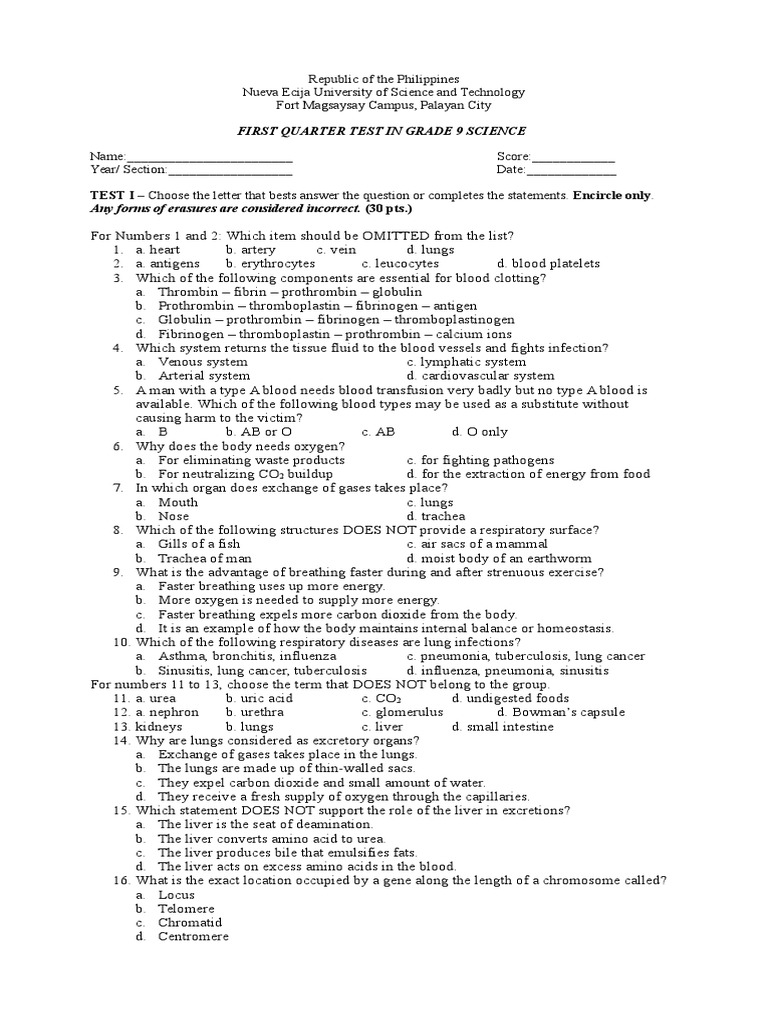 Grade 9 Science First Quarter Exam | PDF | Blood | Lung