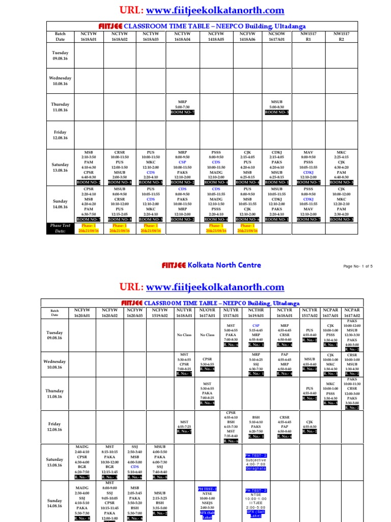 FIITJEE Kolkata North Class Timetable | PDF