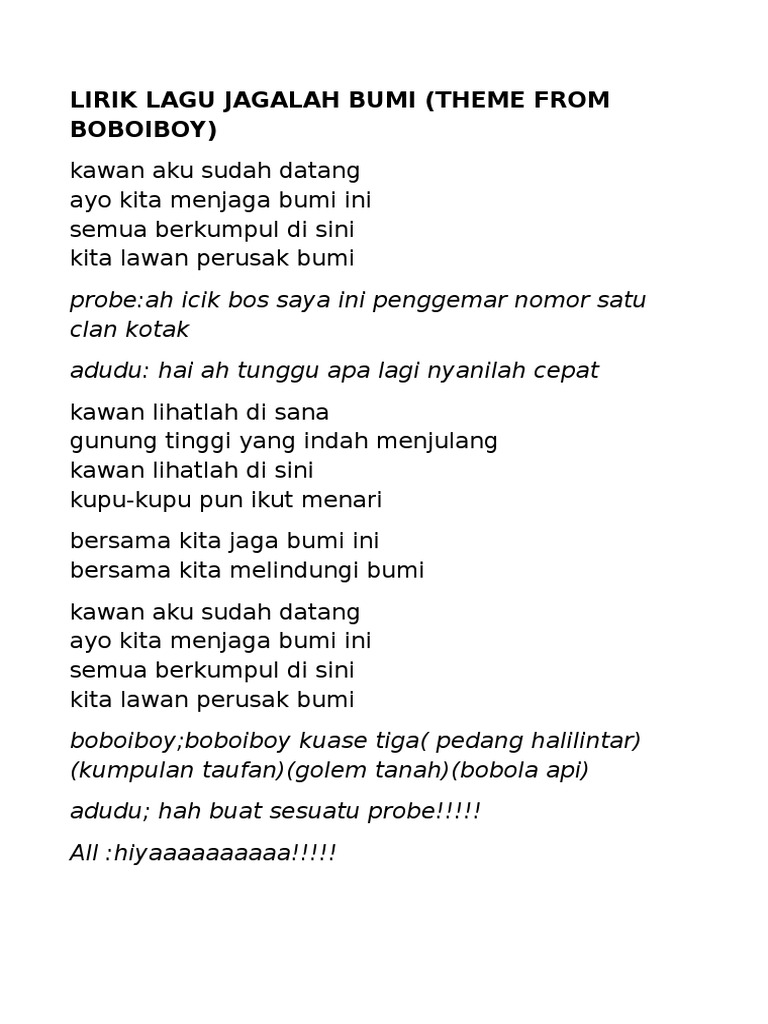 Lagu Boboiboy Lirik