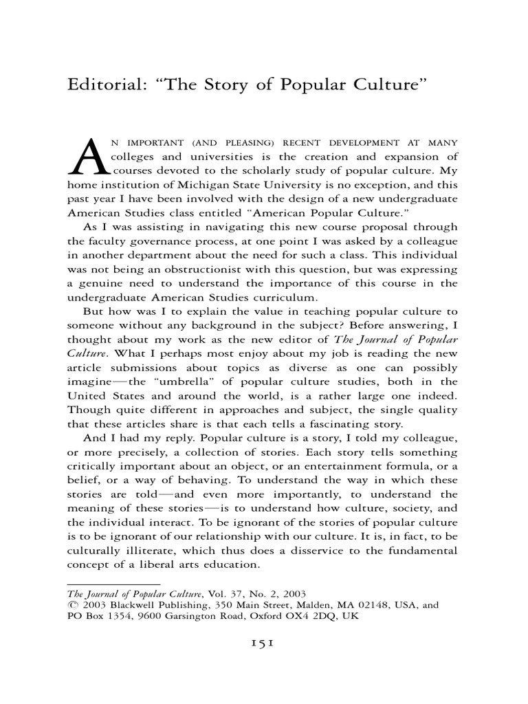 Editorial: The Story of Popular Culture'': N Important (And Pleasing ...