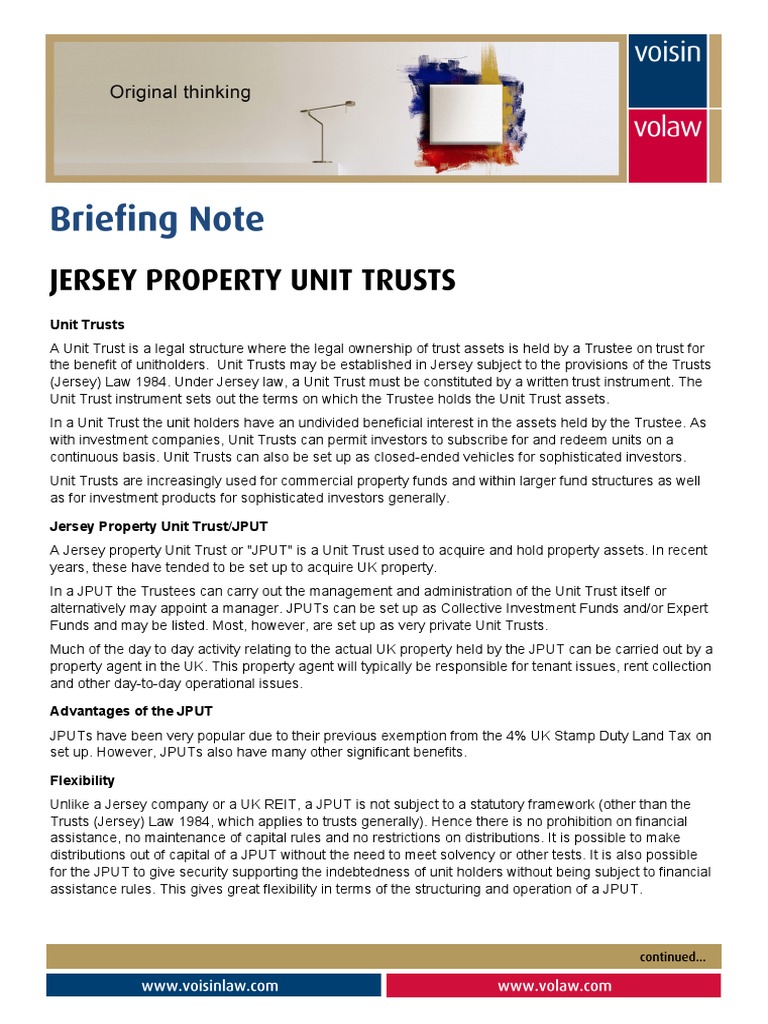 Jersey Property Unit Trust Overview | PDF | Trust Law | Trustee