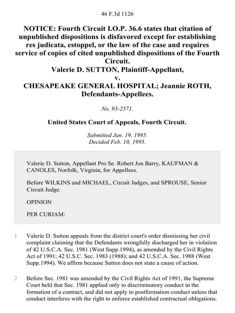 Valerie D. Sutton v. Chesapeake General Hospital Jeannie Roth, 46 F.3d