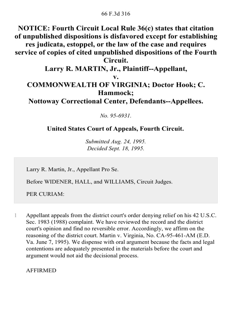 Larry R. Martin, Jr. v. Commonwealth of Virginia Doctor Hook C. Hammock ...