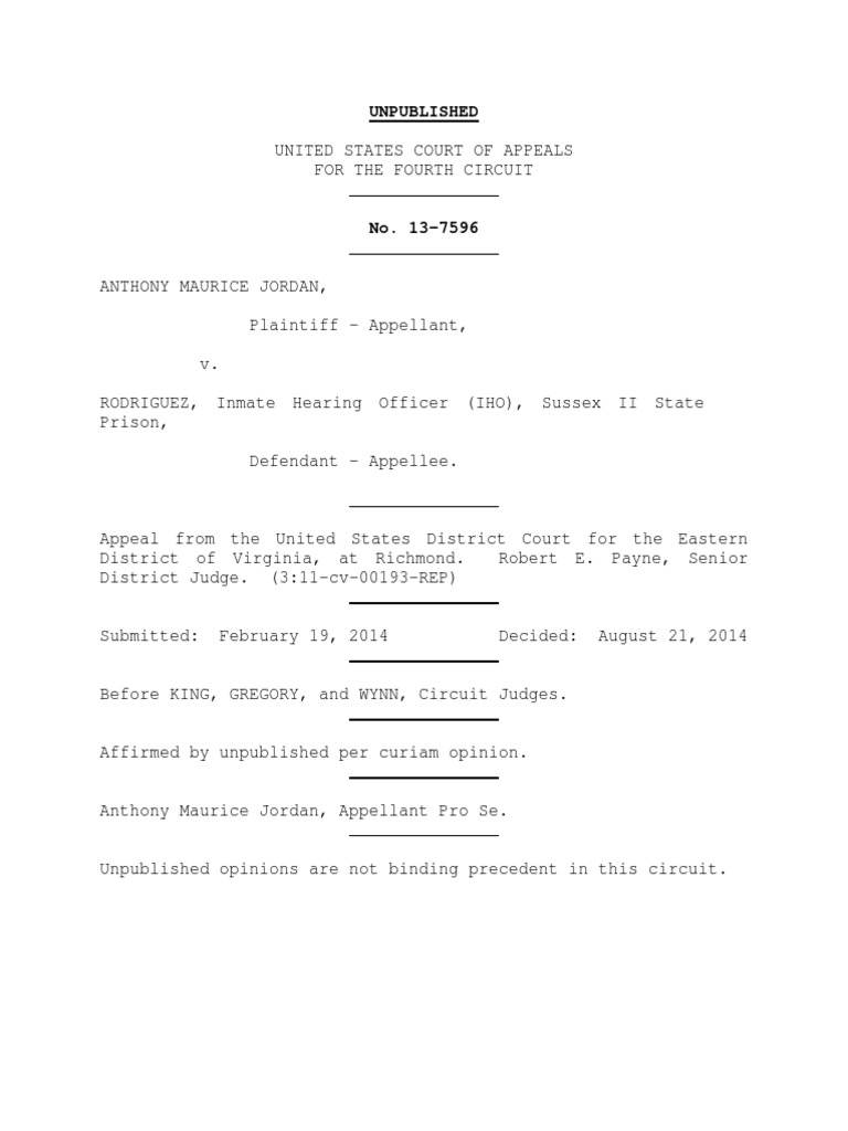 Anthony Jordan v. Rodriguez, 4th Cir. (2014) PDF