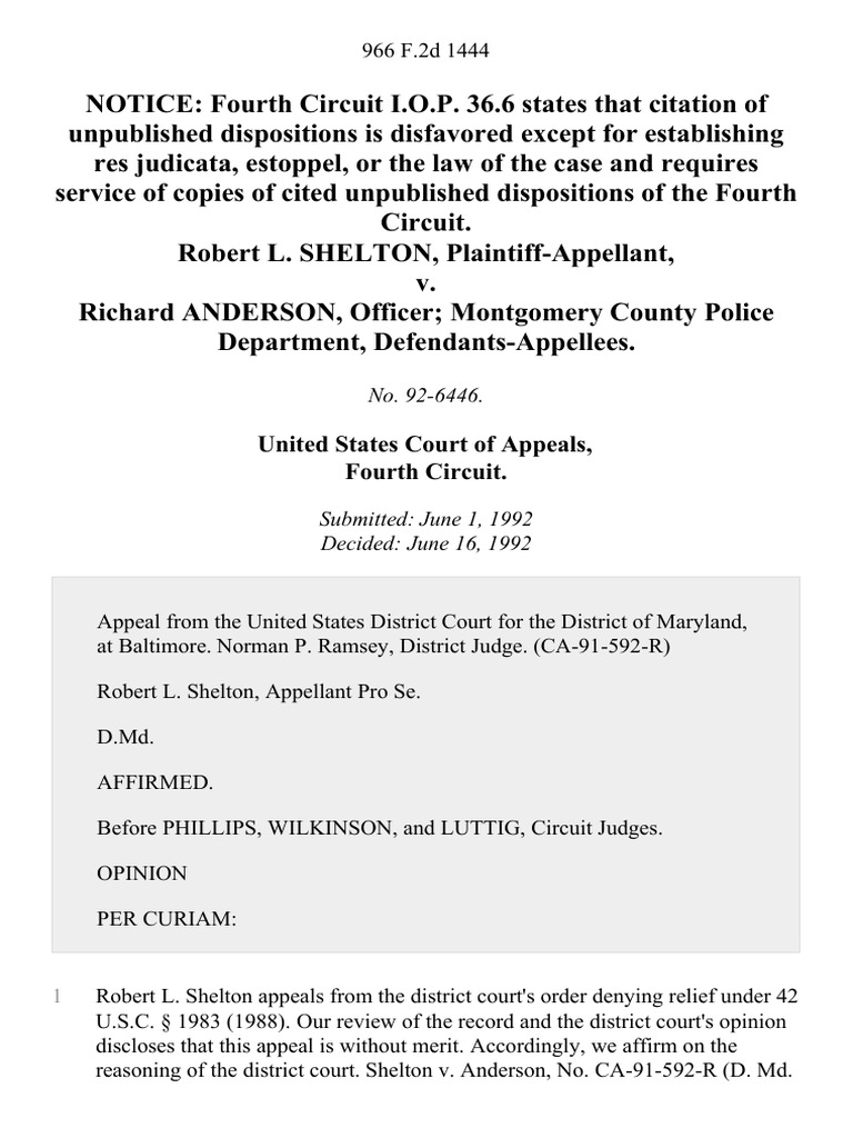 Robert L. Shelton v. Richard Anderson, Officer Montgomery County Police
