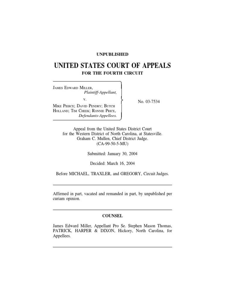 Miller v. Pierce, 4th Cir. (2004) PDF Summary Judgment Supreme