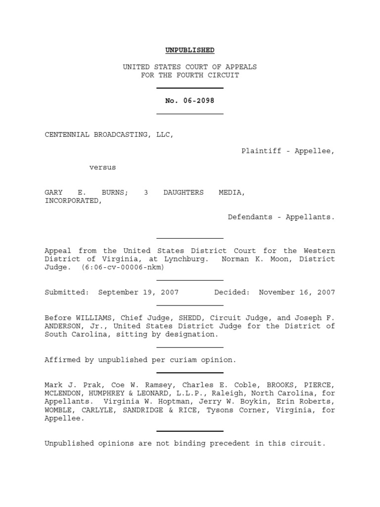Centennial Broadcasting v. Burns, 4th Cir. (2007) PDF Federal