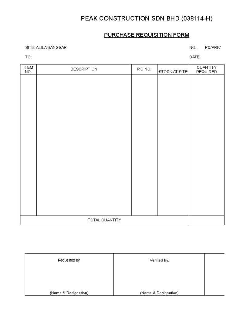 Peak Construction SDN BHD (038114-H) : Purchase Requisition Form | PDF