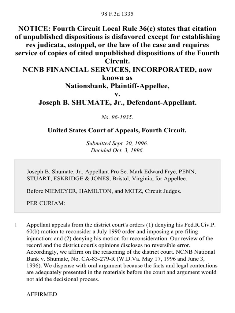 NCNB v. Shumate Appeal Decision | PDF | Politics | Sports & Recreation
