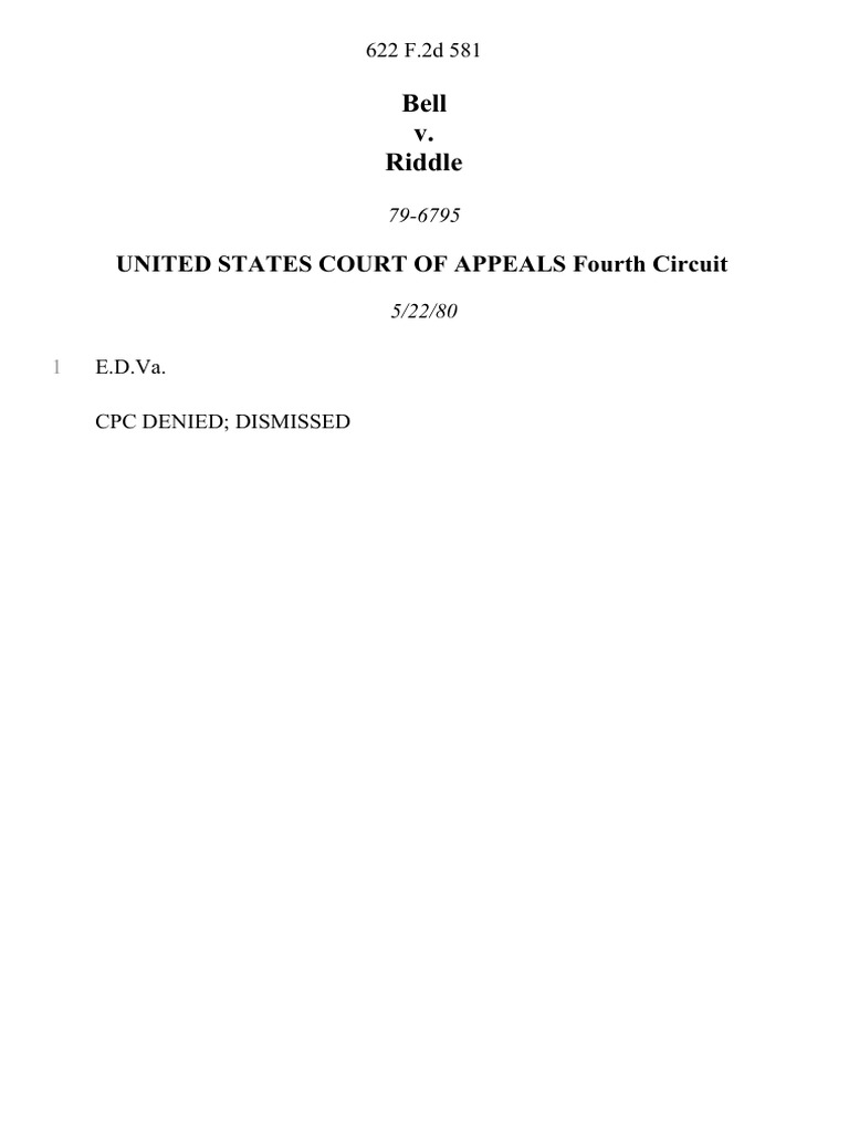 Bell v. Riddle, 622 F.2d 581, 4th Cir. (1980) | PDF