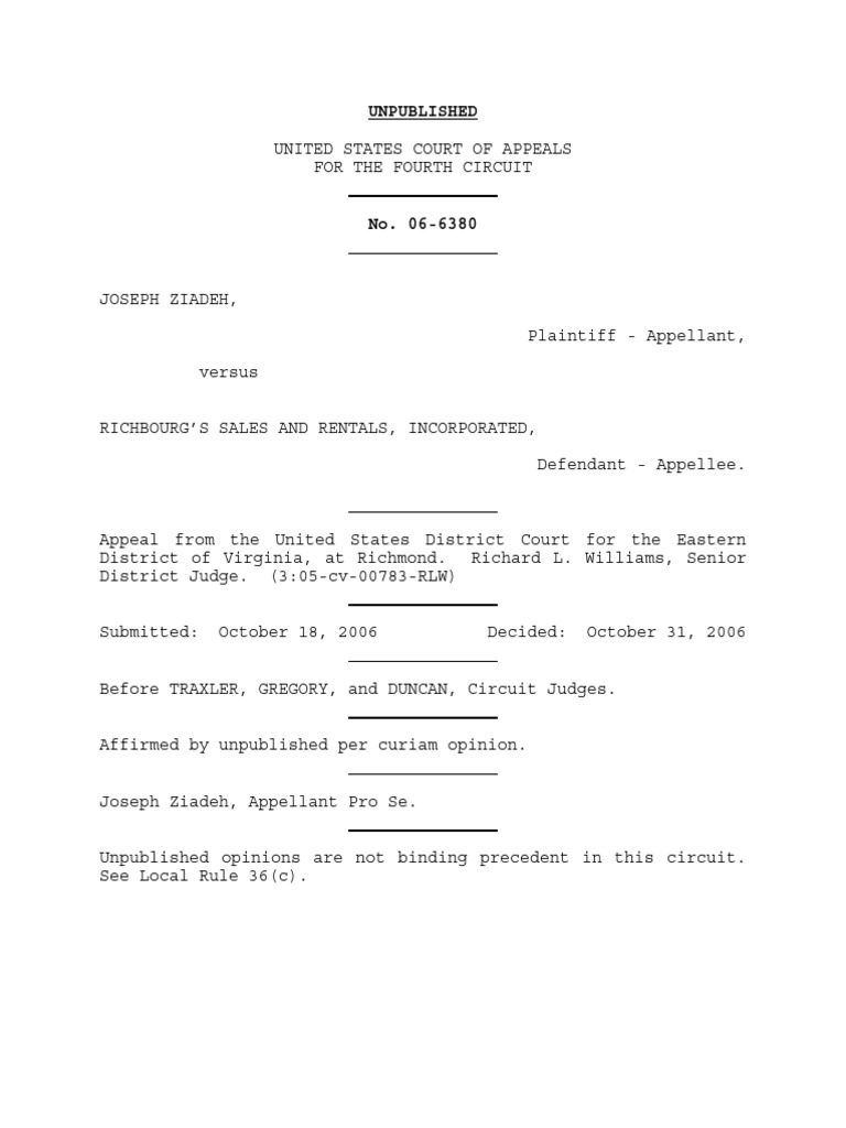 Ziadeh v. Richbourg's Sales, 4th Cir. (2006) PDF