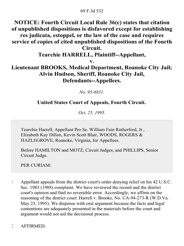Tearchie Harrell v. Lieutenant Brooks, Medical Department, Roanoke City ...