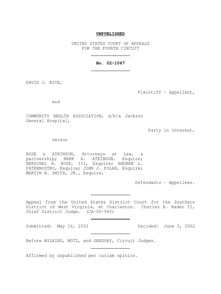 Rice v. Rose & Atkinson, 4th Cir. (2002) PDF