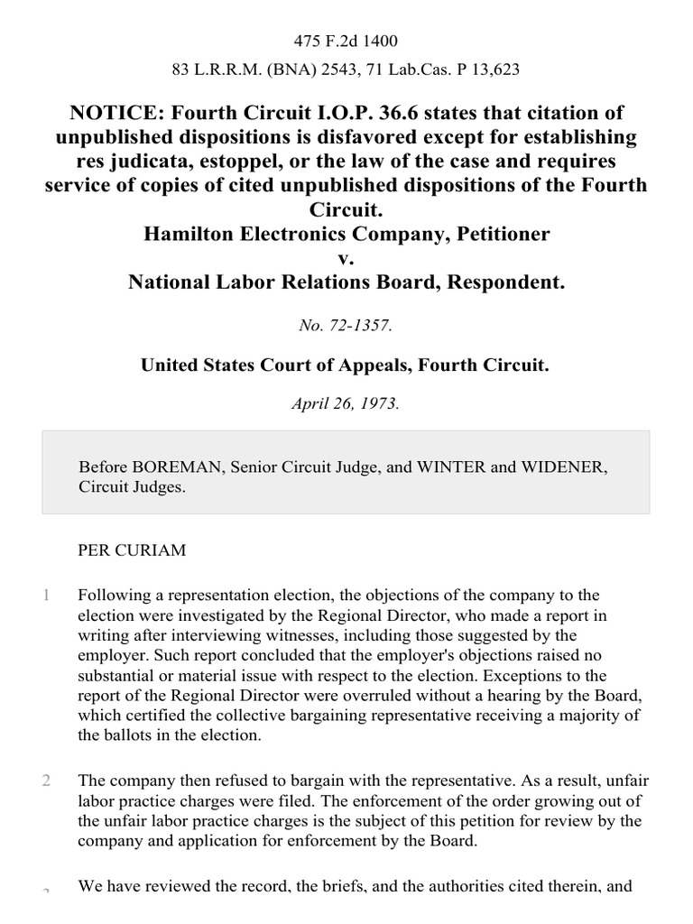 NLRB vs. Hamilton Electronics Case Summary | PDF