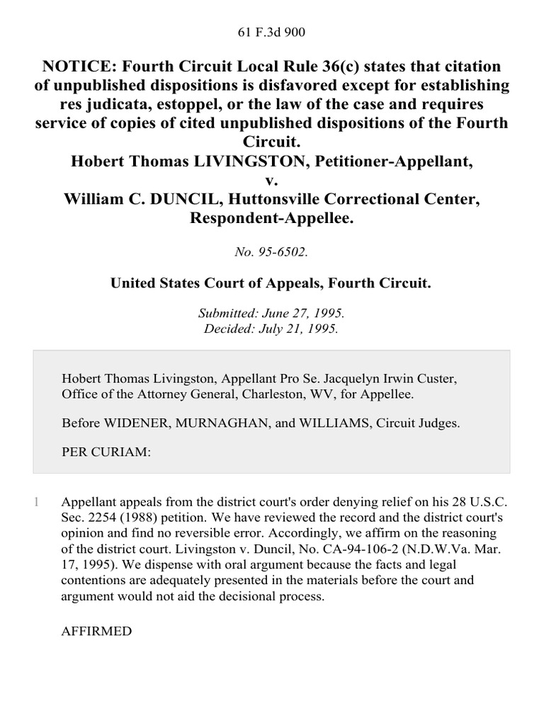 Hobert Thomas Livingston v. William C. Duncil, Huttonsville