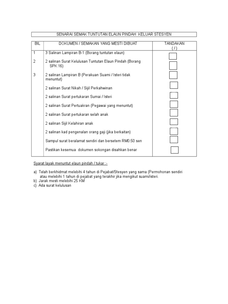 Senarai Semak Tuntutan Elaun Pindah Keluar Stesyen | PDF