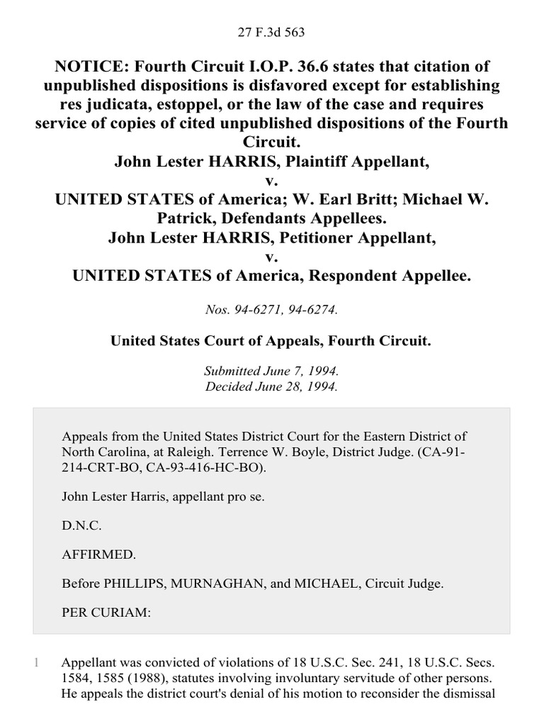 John Lester Harris v. United States of America W. Earl Britt Michael W ...