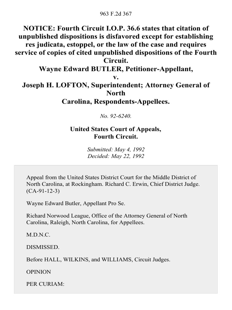 Wayne Edward Butler v. Joseph H. Lofton, Superintendent Attorney ...