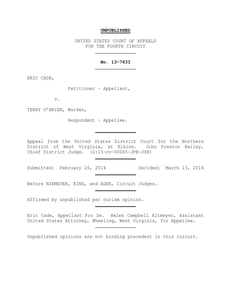 Eric Cade v. Terry O'Brien, 4th Cir. (2014) | PDF | Politics | Social ...