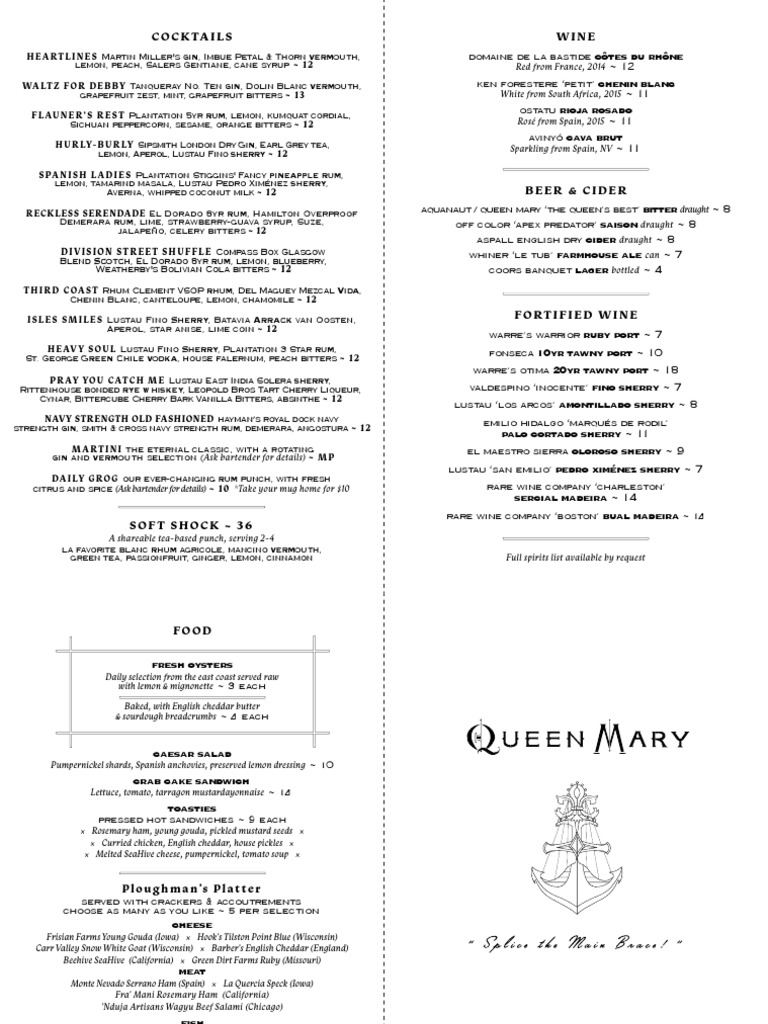 Queen Mary New Menu, Aug. 2016 Salad Alcoholic Drinks