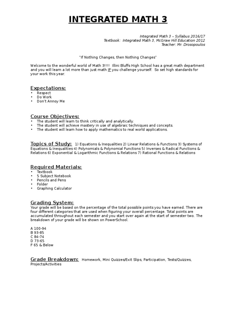 Integrated Math 3 Syllabus Overview | PDF | Homework | Teaching Mathematics