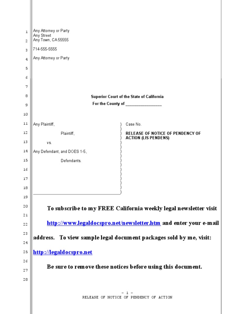 Sample Release of Lis Pendens for California Notary Public Lawsuit